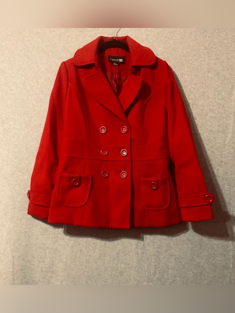 Forever 21 vivid Red Double-Breasted Pea Coat SZ L